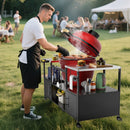 Outdoor Grill Table for Big Green Egg Style BBQ with Metal Grill Cart and Storage Box, Black and Silver, Metal and Stainless Steel, 67x27.8x31 inches
