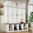 [Assembly Video Provided] Farmhouse Hall Tree with 4 Hidden Hanging Hooks, Versatile Walnut Seating Bench with 8 Doors, Entryway Shoe Cabinet with Open Compartments for Living Room, White