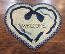 Small American Hooked Rug, Vintage Welcome Mat, Heart Shaped, Ivory and Blue