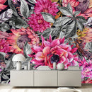 Fashionable Modern Grey Leaves and Pink Flowers Wallpaper
