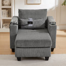 Convertible Chaise Lounge Sofa Chair Corduroy Sleeper with USB Ports, Cup Holders, Storage, Grey