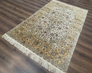 Rare Silk Persian Kashan Rug 4.6 x 7, Antique Fine 310 KPSI, Ivory