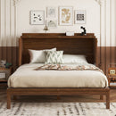 Queen Size Murphy Bed, Pine Wood Cabinet Bed with Power Station and Rattan Decoration Panel,Walnut