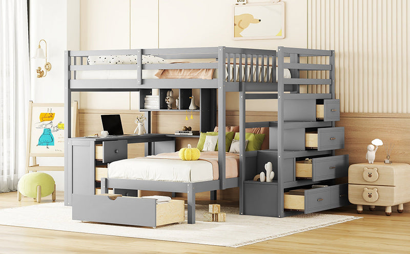 Full Over Twin Bunk Bed with Desk, Drawers and Shelves, Gray