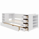 White Wooden Twin Size Daybed with Side Shelves & Drawers, Multi-Functional Desk & Charging Station