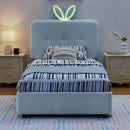 Upholstered Bed With Oversized Rabbit Ear Headboard, LED Lights & 4 Storage Drawers