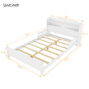 Full Pine Wood Bed with Bookcase Headboard ,LED Motion Sensor Light, Bed Guardrails,White