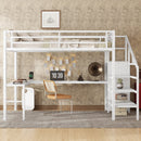 Full Size Loft Bed with L-shaped Desk and USB, Metal Loft Bed with Wardrobe and Adjustable Shelf, High Loft Bed with LED for Kids Teens Adults, White