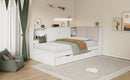 White Wooden Full Size L-shaped Daybed with Storage Bookcase, Upholstered Headboard, USB Charging Ports