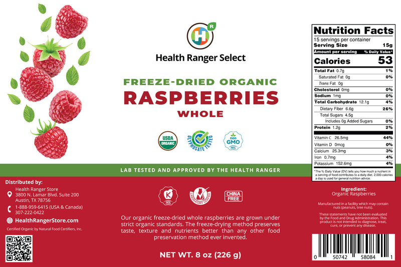 Freeze-Dried Organic Whole Raspberries (8oz,