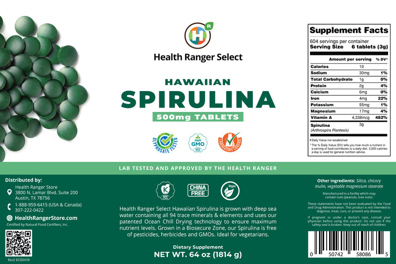 Hawaiian Spirulina Cold Pressed 500mg Tablets (64oz, 1814g), approximately 3628 tablets  (