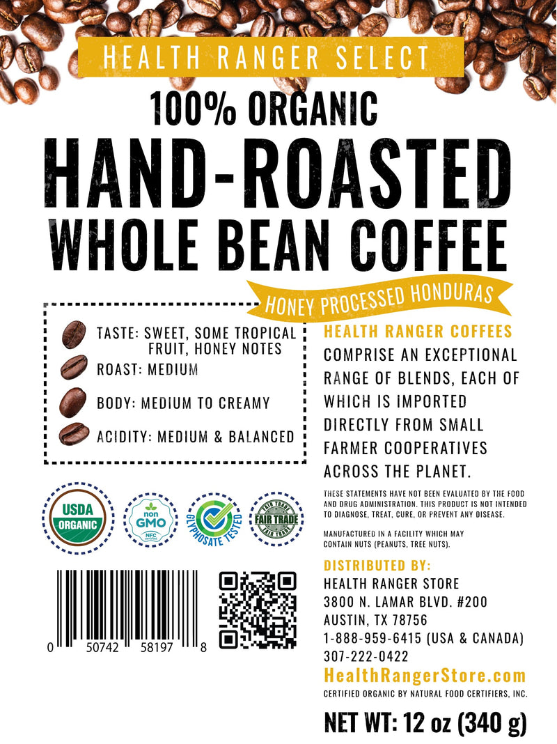 100% Organic Hand-Roasted Whole Bean Coffee (Honey Processed Honduras) 12oz, 340g