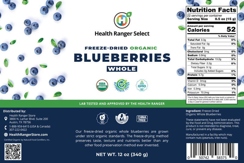 Freeze-Dried Organic Whole Blueberries (12oz,