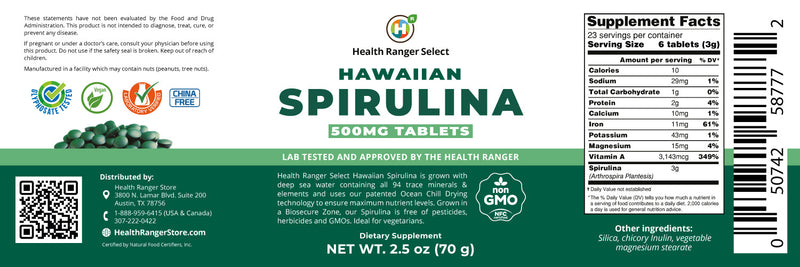 Hawaiian Spirulina Cold Pressed 500mg Tablets 2.5oz (70g)