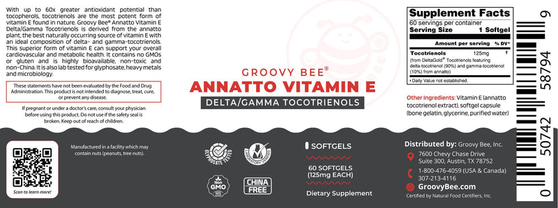 Annatto Vitamin E Delta/Gamma Tocotrienols 125mg 60 Softgels