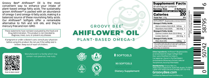 Groovy Bee® Ahiflower Oil 90 Softgels - Plant-Based Omega 3-6-9