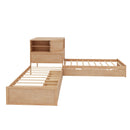 L-Shaped Combination Twin Bed with Trundle and Drawer,3-in-1 Low Corner Platform Bed Linked with Built-in Desk and Led Downlight, Natural