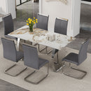 Table and chair set.63*31.4 Inch Pandora Patterned Sintered Stone Dining Table Set - 6 Dark Gray PU Chairs With Silver Metal Legs.Modern Light Luxury.Perfect For Dinner Room,Meeting Room,Kitchen,etc.
