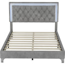 Full Size Upholstered Bed Frame with LED Lights,Modern Velvet Platform Bed with Tufted Headboard,Gray