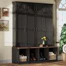[Assembly Video Provided] Farmhouse Hall Tree with 4 Hidden Hanging Hooks, Versatile Walnut Seating Bench with 8 Doors, Entryway Shoe Cabinet with Open Compartments for Living Room, Black