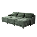 Ergonomic Three-Seater Sofa with Movable Ottomans and Lumbar Pillow in Green Chenille with Wooden Base