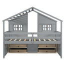 Full Size House Loft Bed with Roof, Windows,4 Storage Drawers,Pine Wooden Bed with Safety Guardrails,Ladder,Grey