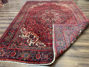 Persian Heriz Rug 7x10, Red and Navy, Geometric Medallion, Vintage Wool Carpet