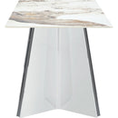 Table and chair set.63'x31.5x30' Luxurious Pandora patterned Sintered Stone Tabletop with Silver Stainless Steel Legs.Paried With 4 White PU Chairs with a vertical stripe design on the backrest.