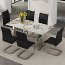 Table and chair set.63*31.4 Inch Pandora Patterned Sintered Stone Dining Table Set - 6 Black PU Chairs With Silver Metal Legs.Modern Light Luxury.Perfect For Dinner Room,Meeting Room,Kitchen,etc.