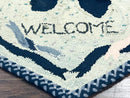 Small American Hooked Rug, Vintage Welcome Mat, Heart Shaped, Ivory and Blue