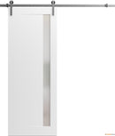 Planum 0660 Painted White Barn Door with Frosted Glass and Silver Rail