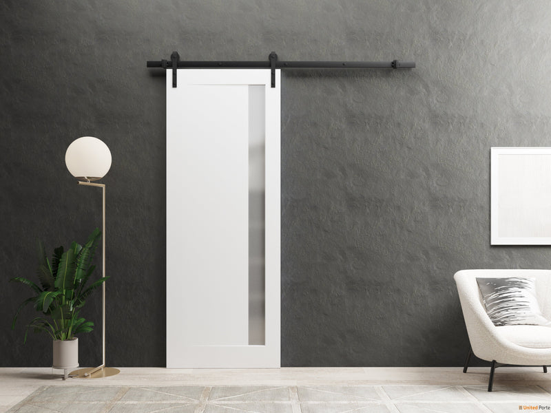 Planum 0660 Painted White Barn Door with Frosted Glass and Black Rail