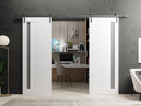 Planum 0660 Painted White Double Barn Door with Frosted Glass and Silver Rail