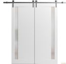Planum 0660 Painted White Double Barn Door with Frosted Glass and Silver Rail