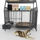 Large pet cage with storage rack, drawers with stainless steel food and water basins, double-layer storage rack made of iron frame and MDF material, sturdy, exquisite, and practical (black+smoke gray)