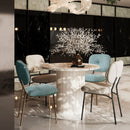Modern 4-Person Dining Set with Bamboo & MDF Table and Turquoise & Beige Fabric Chairs - Metal Legs, Space-Saving Design