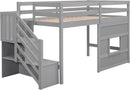 Twin Size Low Loft Bed In Gray With Stairs Storage