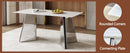 Table and chair set.63'x31.5x30' Luxurious Snow Mountain Patterned Sintered Stone Table with Silver Metal Butterfly Legs.Paried With 6 Dark Gray High-quality PU Chairs With Arched Metal Legs.