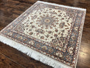 Sino Persian Square Rug 5x5, Very Fine Oriental Carpet, Wool & Silk Highlights, Ivory, Hand Knotted Handmade Vintage Traditional Rug