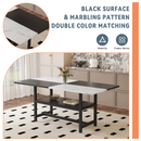 Table and chair set.71*35.4 inch White And Black Spliced Dining Table With Storage Function In The Middle Of The Table Legs.Paired With 8 Black PU Dining Chairs, Simple And Versatile.