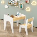 Kids Table Set with One Chair, Wooden Children Study Table, 2-8  Age Kids Funiture , White+Natural