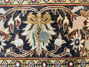 Silk Persian Qum Rug 4x5, Hand Knotted Vintage Carpet, Cream & Navy Blue, Silk Pile on Silk Foundation, Very Fine 360 KPSI