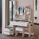 Full Body Mirror Cabinet + Round Mirror LED Vanity Table + Cushioned Stool, With 2 AC + 2 USB Power Station,17' diameter LED Mirror, Touch Control, 3-color, Brightness adjustable, Large Desktop