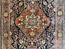 Persian Sarouk Rug 3.6 x 5, Medallion Rug, Red and Midnight Blue, Handmade Semi Antique Vintage Wool Carpet