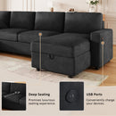 Convertible U-shaped Sectional Sofa with Storage Chaise Lounges and USB Ports, Black Twill Polyester, 103.9 Inches