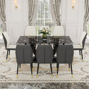 Black Marble Pattern Tempered Glass Dining Set - 71'x35.4' with 8 White and dark gray spliced PU Chairs With a Widened Backrest Design.