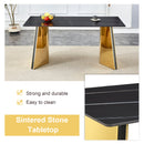 Table and chair set.63'x31.5x30'Black Texture With Lines Patterned Sintered Stone Table with Golden Stainless Steel Butterfly Legs.Paried With 4 Black High-quality PU Chairs With Golden Metal Legs.
