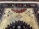 Indo Persian Heriz Rug 8x12, Camel Hair Tan and Navy Blue, Decorative