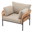 Beige and Light Wood-Tone Rope Iron Lounge Chair with Cushions for Natural and Modern Spaces