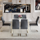 Table and chair set.55'x31.4' Cream-Style White MDF Dining Table Set with 6 Dark Gray Chairs With Silver Metal Legs.MDF Tabletop and metal frame legs.Adding a warm atmosphere to your family.
